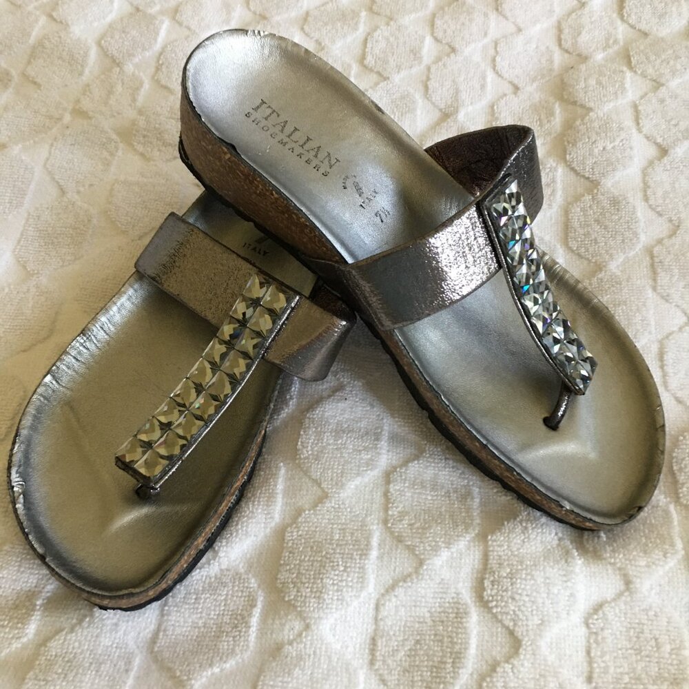 Italian Shoemakers large rhinestone silver wedge sandals, sz 7.5